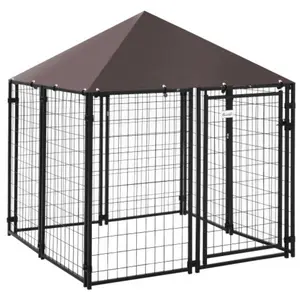Kennel Outdoor Walk in Pet Playpen Welded Wire Steel Dog Fence with Water and UV Resistant Canopy Jet Black