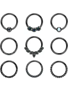 9 Pcs 18G 10MM Surgical Steel Nose Rings Hoop for Women Men CZ Opal Septum Ring Cartilage Helix Pierced Ring Daith Piercing Jewelry- Black