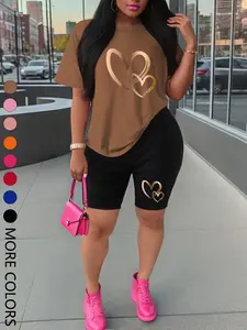 Summer New Short Sleeve Shorts Set, Sporty Heart Print, Comfortable Casual, Women's Two-Piece Outdoor Sports Wear