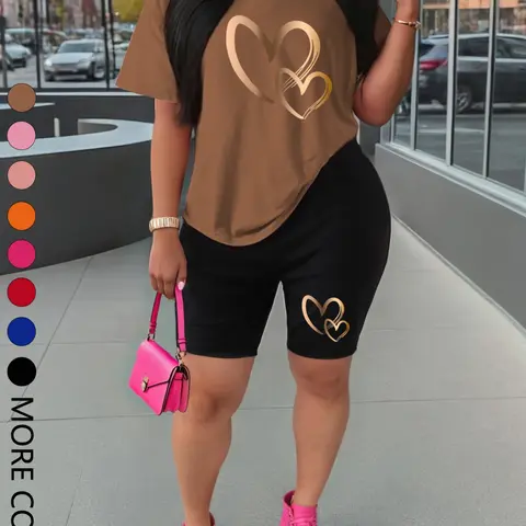 New Summer Women's Short Sleeve Top & Shorts Set, Sporty Heart Print, Comfortable Casual Two-Piece Outdoor Sports Wear, Activewear Fitness Outfit, Fitness Outfits, Workout Sets, Exercise Clothing Set, Workout Shorts Set