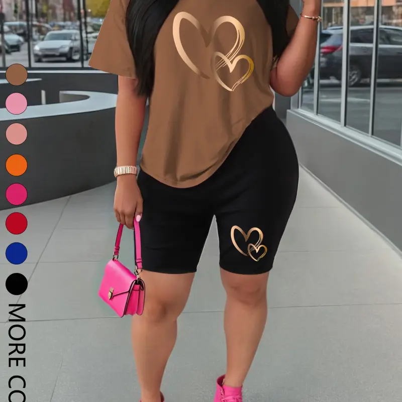 New Summer Women's Short Sleeve Top & Shorts Set, Sporty Heart Print, Comfortable Casual Two-Piece Outdoor Sports Wear, Activewear Fitness Outfit, Fitness Outfits, Workout Sets, Exercise Clothing Set, Workout Shorts Set