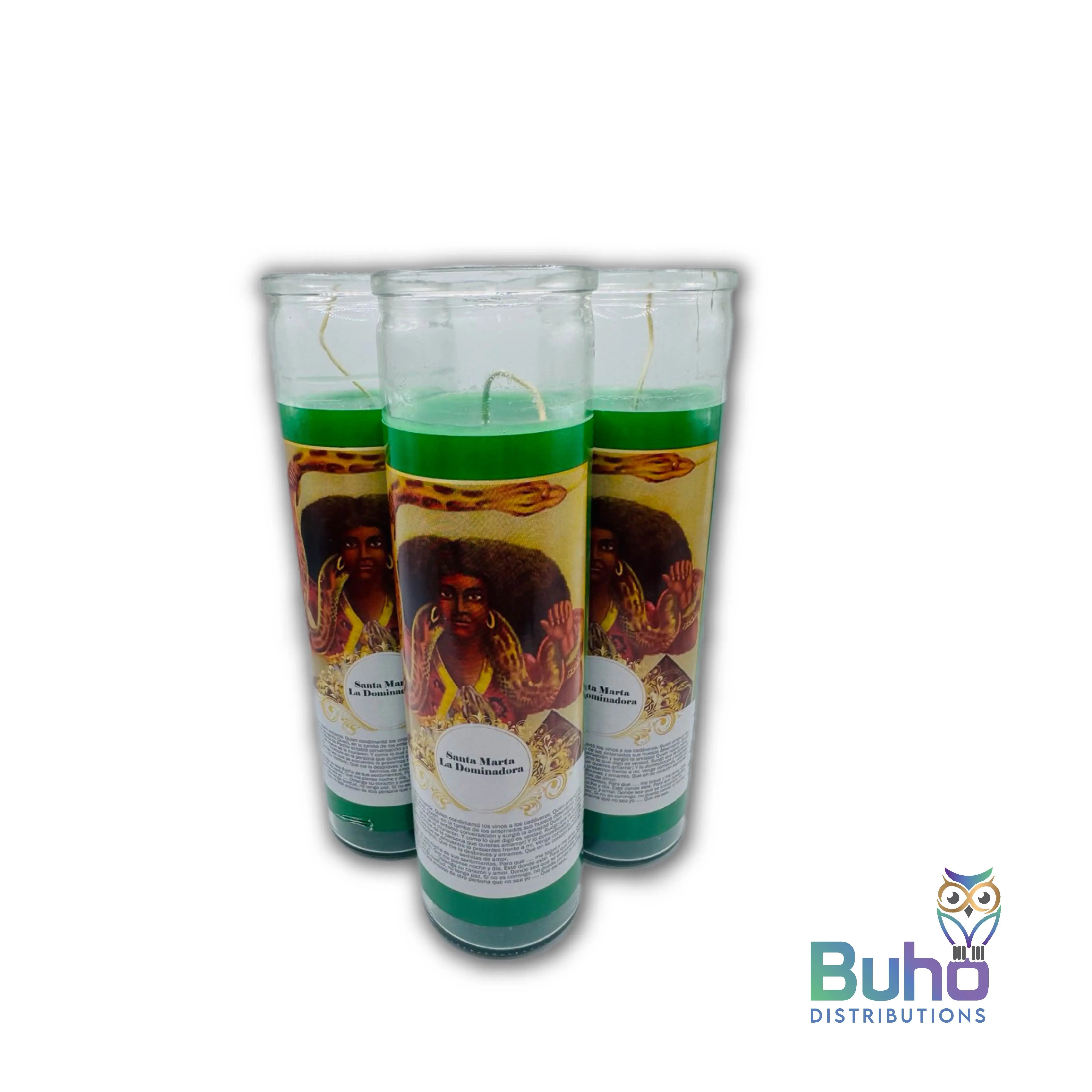 Saint Martha the Dominator 8" Full Label-Green |Santa Marta la Dominadora-Verde| Set of 3 Religious 8” Candles | Búho Distribution