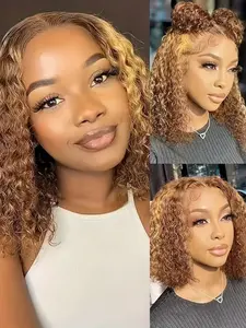 P4/27 Color 13x4 Transparent Lace Front Short Bob Jerry Curly Wave Wig Remy Human Hair Wig For Women Human Hair Wig Halloween Wig 150% Density