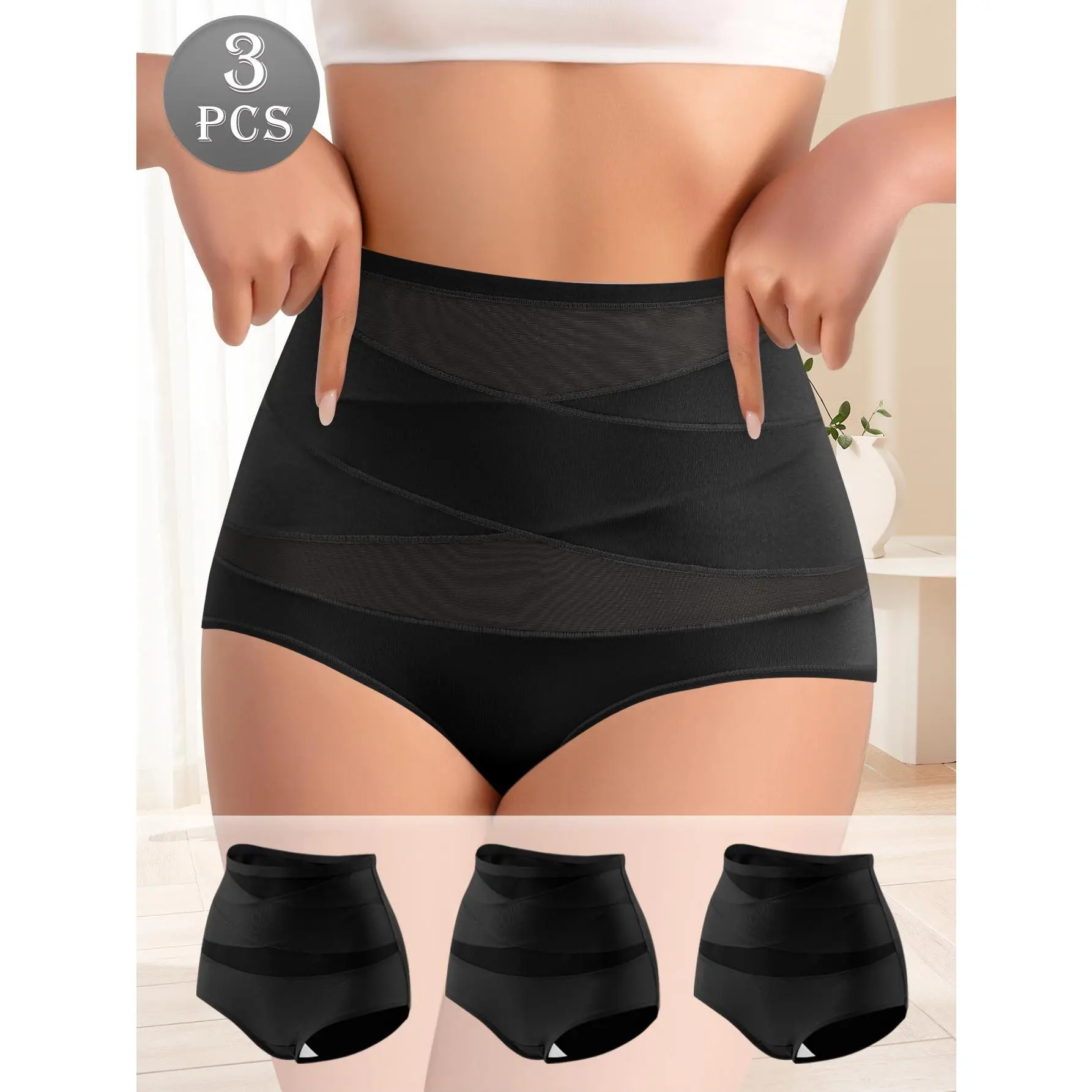 QUASTI 3/6 Pack High Waist Semi-Sheer Sexy Ladies Briefs, Crossover Tummy Control Keep Body Slimming Shape Briefs, Comfortable Soft Womenswear for Women Postpartum, S-XXL