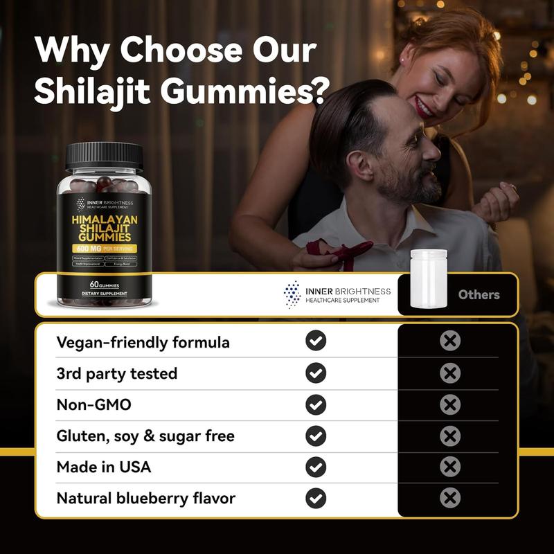 Himalayan Shilajit Gummies for Men & Women - 600mg, Non-GMO, Gluten-Free, Sugar-Free Shilajit Gummies with Fiber, for Energy, Immunity & Stamina - 60 Count