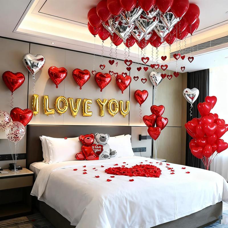 54pcs I Love You Heart Balloons Valentines Decoration with 50 Hanging 1000 Silk Rose Petal Bear Heart Shaped Silver Red Balloons for Romantic Night Wedding Anniversary Decor Valentine Day Decorations