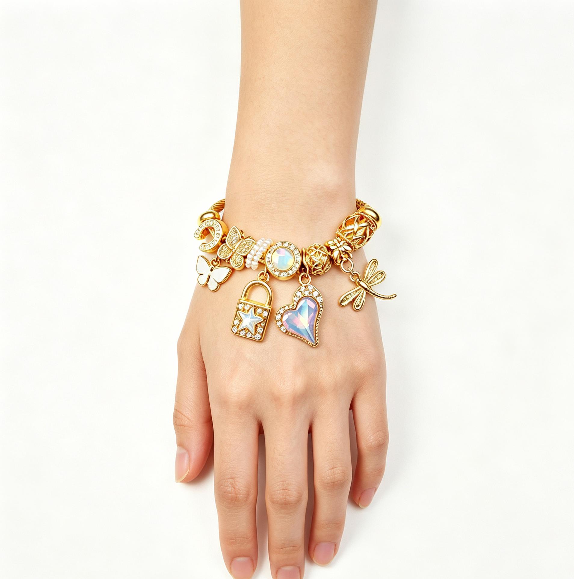 Gold Twisted Cable Charm Bangle Bracelet, Iridescent Heart Crystal Lock Star Dragonfly Butterfly Moon Charms Bracelet, Adjustable Open Cuff Jewelry Gift for Women