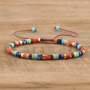 Natural 7 Chakras Galaxy Sea Sediment Jasper Bracelet - Hand Braided Adjustable 2 x 4mm Gemstone Beads Bohemian Healing Bracelet