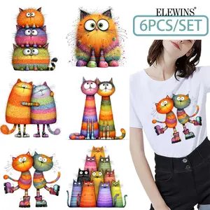 6 Fun Cat Heat Transfer Stickers, DTF Printable Film for DIY Crafts, Washable & Machine Safe, Fits T-Shirts, Hoodies, Jeans, Backpacks, Pillows