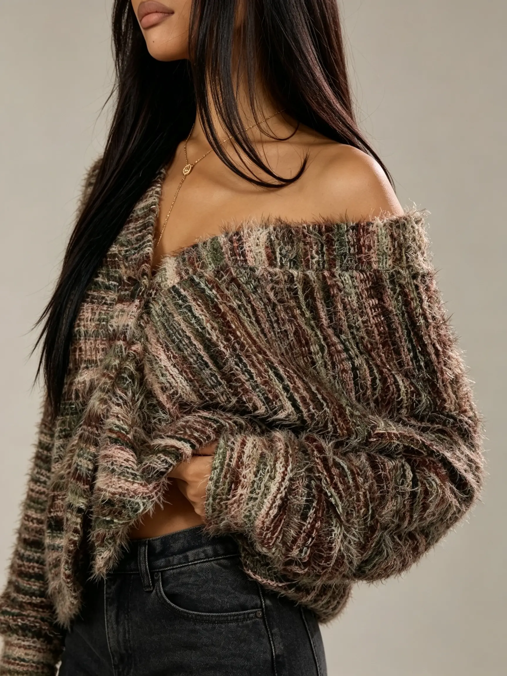 Y2K Textured Shaggy Knit Cardigan Vintage Mix Color Cropped Sweater