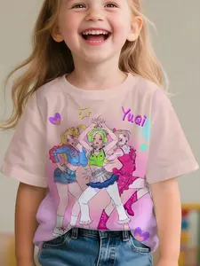 K-Pop Girls' Short Sleeve T-Shirt, Q Version Girl Group Print, Cute Loose Fit Top, Perfect for School and Daily Wear