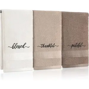 3 count Farmhouse Bathroom Decor Hand Towels 14x29 Inch Cotton Bath Towels Rustic Embroidered for Boho Kitchen Decor Inspirational Christian  (Brown Series,Blessed Thankful Grateful)