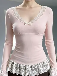 Sweet Girls Lace Patchwork Slim Fit Long Sleeve Top, Cute Spring New Bow Hem Y2K Aesthetic, Casual Fashion for Women