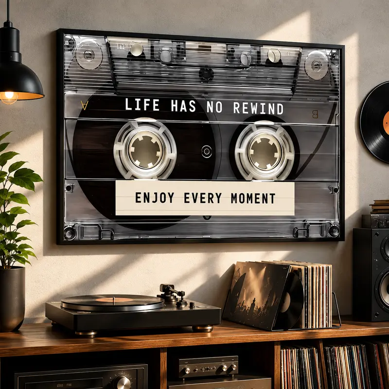 Vintage Cassette Tape Wall Art Print - "Life Has No Rewind" Motivational Artistic Artwork, Retro Music Aesthetic, 2026 Trendy Unique Room Decor, Room Decor Accessories, Apartment Accessories, Gift for Music Lovers