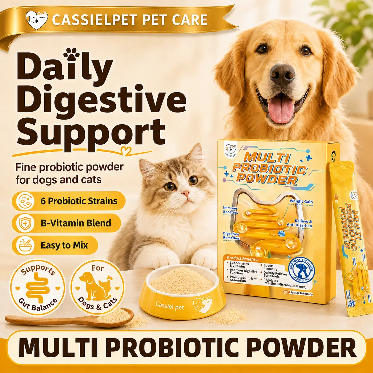 Cassiel Pet Multi Probiotic Powder for Dogs & Cats, 6 Probiotic Strains with B-Vitamin Blend, Daily Digestive Balance, Fine Easy-Mix Powder, 10 x 5g Packets, 50g