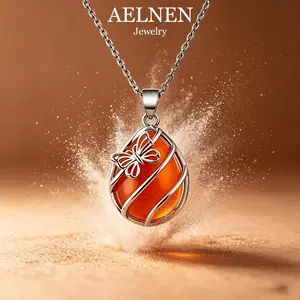 AELNEN Orange Agate Butterfly Pendant Necklace - Silver Plated Teardrop Gemstone Necklace for Women, Perfect for Daily Wear & Gift Giving