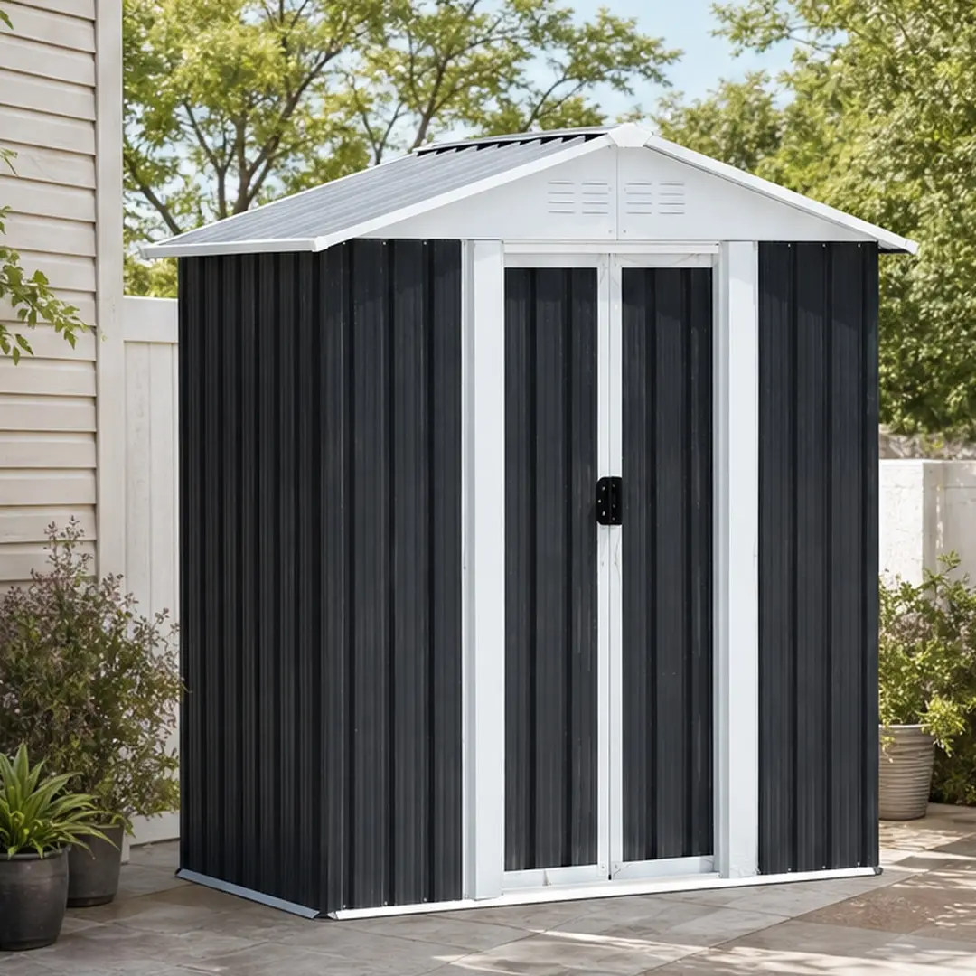5x3 ft Grey Metal Sliding Door Garden Shed Apex Roof Outdoor Storage Tool Shed Galvanized Steel Weatherproof Lockable for Backyard Patio Lawn Equipment Organizer, Grey Color Options, Metal Material, American Design Style, Product Dimensions: