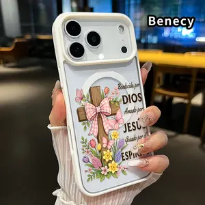 Magnetic Phone Case Supports Wireless Charging for iPhone 17 16  Pro Max Plus 15 14 13 12 11 Air E Blessed Cross Bloom Pattern Non-Yellowing Shockproof Soft Silicone Transparent Acrylic Cover