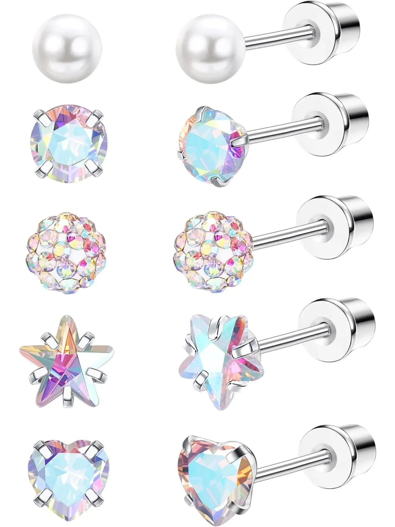 5 Pairs G23 Titanium Screw Back Earrings Set for Women, 20G Hypoallergenic Pure Titanium Stud Earrings for Sensitive Ear, Heart Shaped Earrings