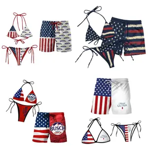 Matching Couple Swimwear, Twisted Tea American Flag Bikini & Shorts, Beer lover Couple Set, Perfect Gift for Him & Her, Ultra Light Beer Beach Outfit, Women's Summer Beach, Two-Piece Bikinis, Pool Party