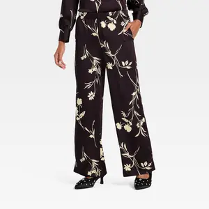 Women's Satin Low-Rise Pull-On Pants - A New Day Brown Floral XS