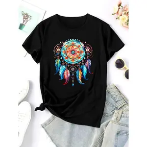 Women's Dreamcatcher Graphic T-Shirt - Soft Polyester Blend, Casual Short Sleeve Round Neck Top with Vibrant & Bead Design, Perfect for Spring & Summer Casual Attire, Spring Summer Apparel |   Elegant Casual Style |   Glossy Texture Shirt