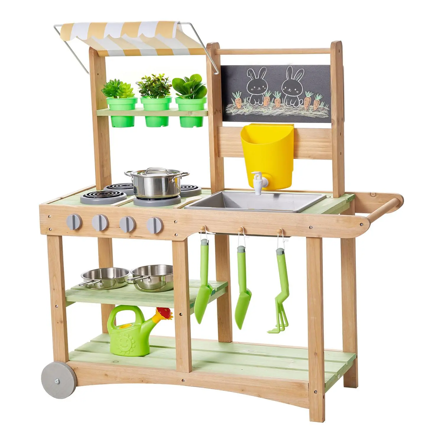 【SummerFinds】VEVOR Mud Kitchen, Outdoor Mud Kitchen for Kids, Wood Outdoor Play Kitchens with Spoons, Sink, Sunshade Canopy, Swivel Wheels, Cookware Pots and Accessories, Wooden Play Kitchens for Home, Lawn