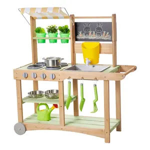 VEVOR Mud Kitchen, Outdoor Mud Kitchen for Kids, Wood Outdoor Play Kitchens with Spoons, Sink, Sunshade Canopy, Swivel Wheels, Cookware Pots and Accessories, Wooden Play Kitchens for Home, Lawn