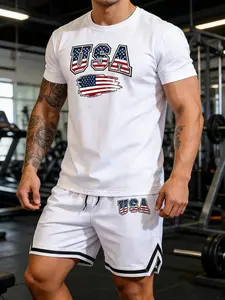 Men's Fitness Set, Streetwear Sports Umbrella Design, Casual Photography Wear, Daily Clothing, Usa Letter & Flag Print