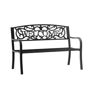 Outsunny 50" Outdoor Bench, Metal Garden Bench with Welcome Pattern Backrest, Porch Bench with Slatted Seat for Park, Yard, Lawn, Black