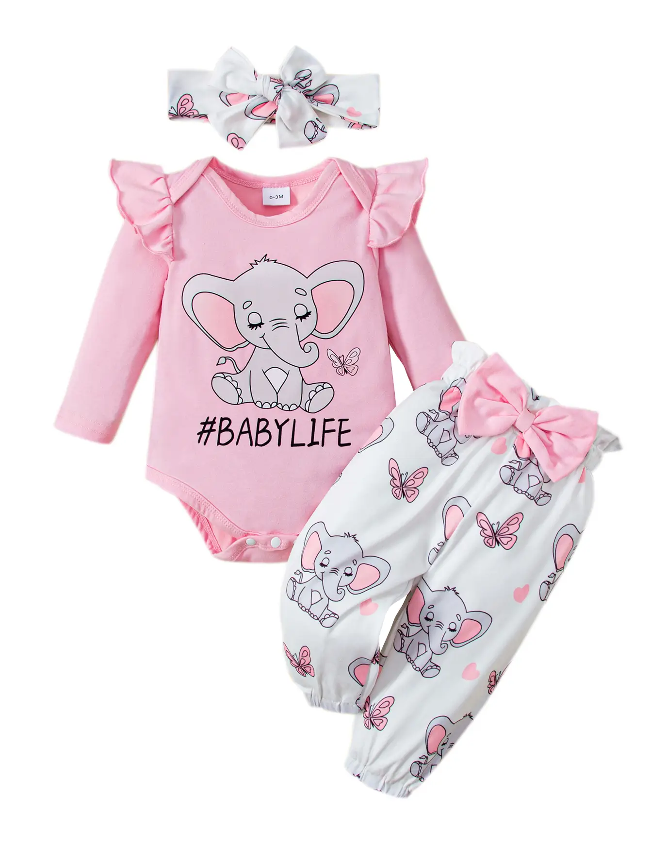 Baby Girls Elephant Pattern Romper and Pants and Headband Kids Cute Set Clothing Babygirl Clothes Products #springtok