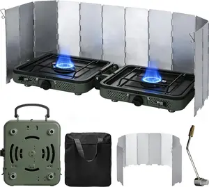 2 Burner Camping Stove with Windscreen, Portable Folding Gas Stove with 17200 BTU Adjustable Burners,12 Plates Foldable Aluminum Camping Stove Windshield, Suitable for Propane & Butane