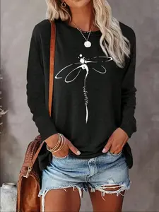Women's Fashion Dragonfly Print Round Neck T-Shirt, Casual Long Sleeve Top, Soft Fabric, Spring & Fall Wear