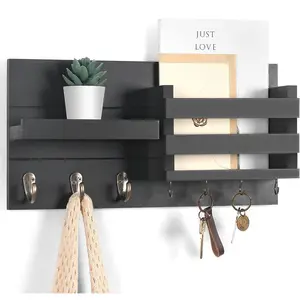 Mail Organizer for Wall Mount – Key Holder with Shelf Includes Letter Holder and Hooks for Coats, Dog Leashes – Rustic Wood with Flush Mounting Hardware (16.5" x 8.7" x 3.5")