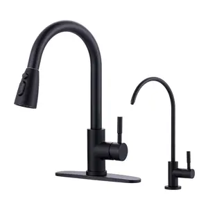 WOWOW Matte Black Stainless Steel Kitchen Faucet and Filter Faucet Combo, Compatible with Reverse Osmosis or Filtration Systems, Includes Drinking Tap