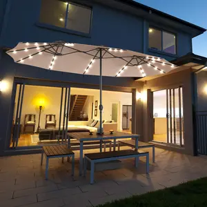 15 Ft Double-Sided Extra Large Rectangle Patio Umbrella - 36 LED Solar Lights, Crank Handle, Patio Sun Shade, Outdoor Canopy for Deck, Poolside (Beige)