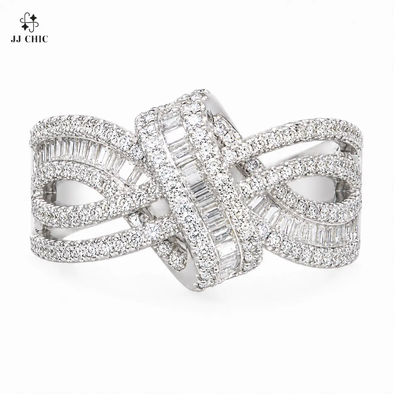 JJ CHIC Openwork Ribbon Ring for Women, Baguette & Round Stone Multi-Row Design, Silver-Tone Fashion Jewelry, Gift for Her