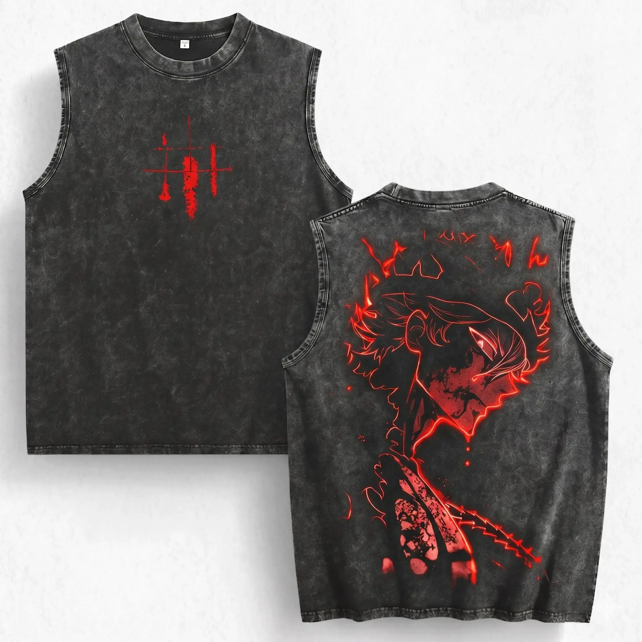 Men's Acid Wash Tank Top | Red Anime Graphic Heavyweight Cotton Vest | Vintage Dark Aesthetic Sleeveless Shirt | 2026 Summer Streetwear Essential oversized outdoorfun short-sleeved t-shirt men cottontees good graphic tee fashionable