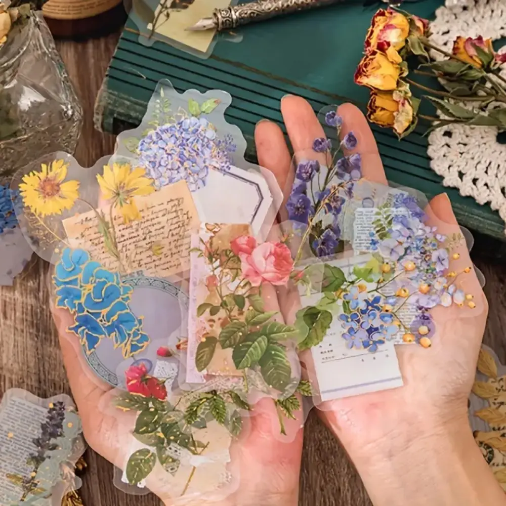 180pcs Floral Stickers Set - Golden Foil Transparent Botanical Decals, Glossy Self-Adhesive Flower Scrapbooking Stickers