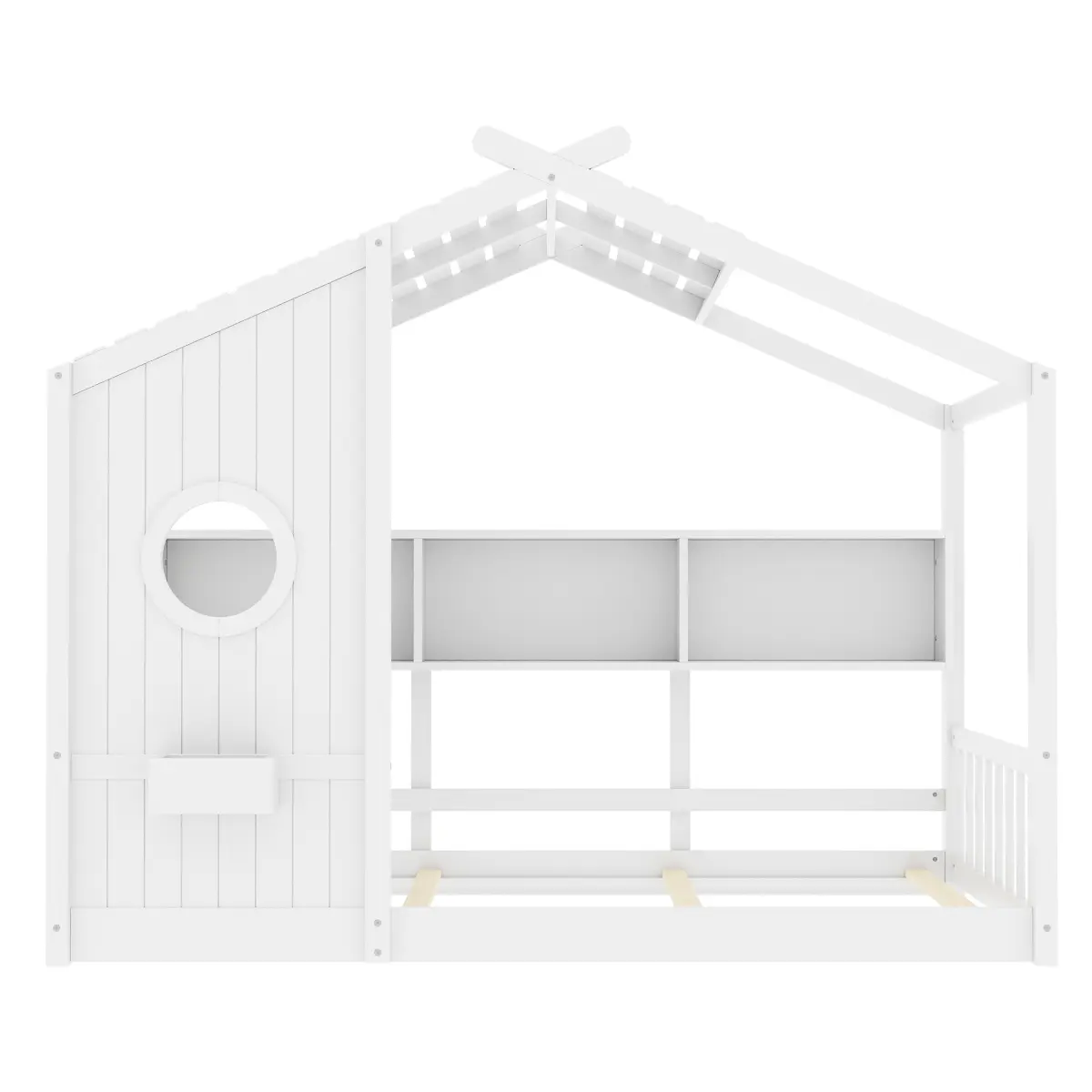 White Twin Montessori Floorbed - Roofed Low-Profile Kids Playhouse House Floor Bed, Solid Pine Wood Frame, 350LBS Capacity, Storage Shelf, 77.75"l x 42"w x 61.8"h, Assembly Required, Toddlers' Bedroom Furniture
