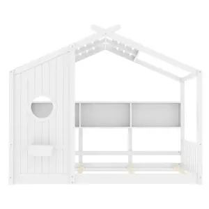 White Twin Montessori House Floor Bed with Roof & Storage Shelf Solid Pinewood Frame 350LBS Capacity Low-Profile Kids Playhouse Bed for Toddlers Bedroom Furniture