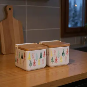 360 stand Wooden Lidded Ceramic Canisters Set of 2 - Square & Rectangular Food Storage Containers, White Green & Red Kitchen Jars for Utensils & Preserving, Holiday Gift Option
