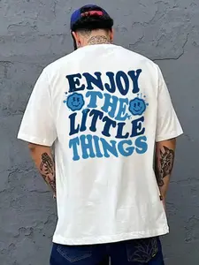 Men's Round Neck Fitted Graphic T-Shirt Short Sleeve Letter Print Blue Letters Smiley Face Casual Fashion Streetwear Daily Wear Menswear