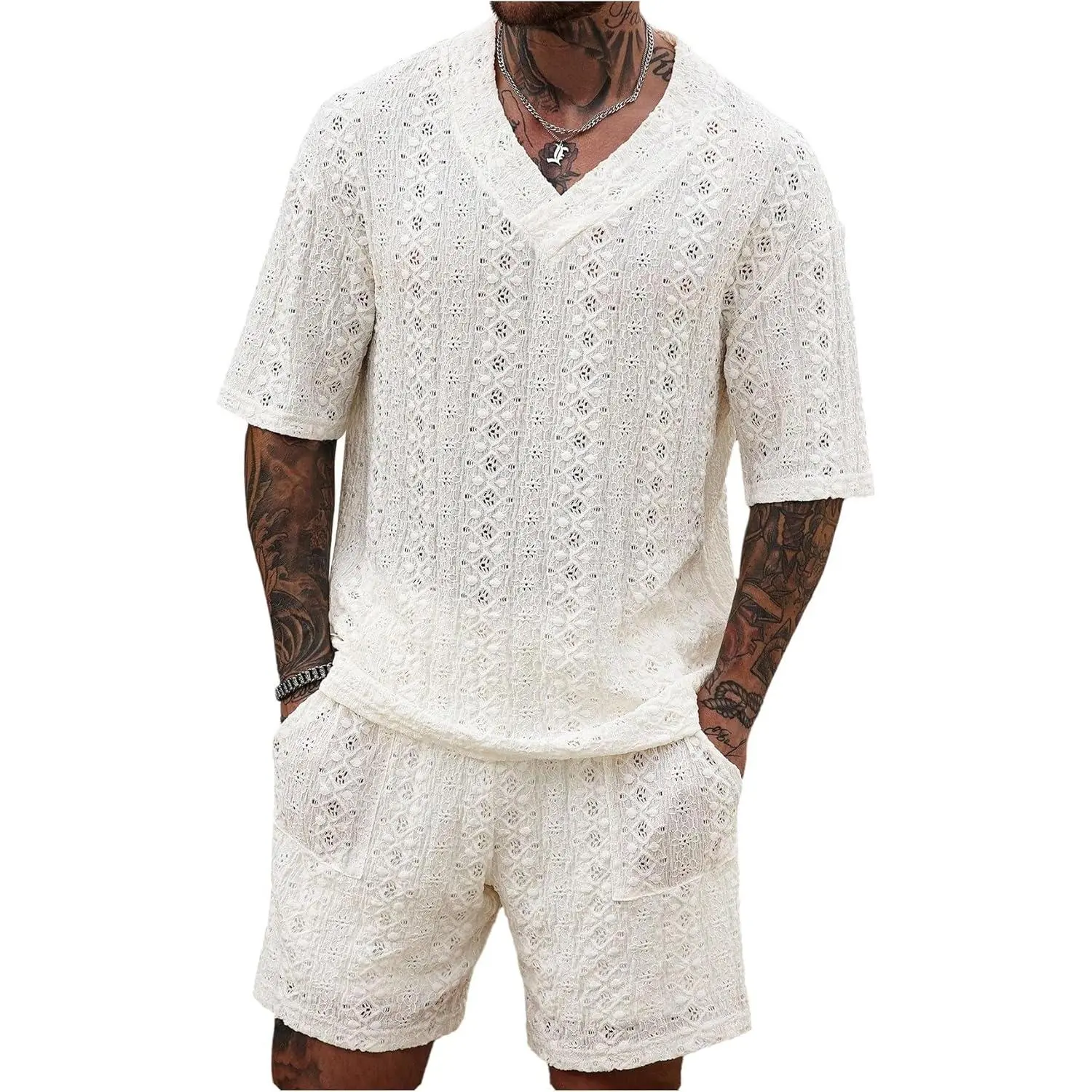 GORGLITTER Men's 2-Piece Classic Shape Menswear Set - Elastic Knitting Crochet Short-Sleeve T-Shirt & Drawstring Knitted Shorts, Breathable Casual Polyester Outfits for Summer Golf, Street Style