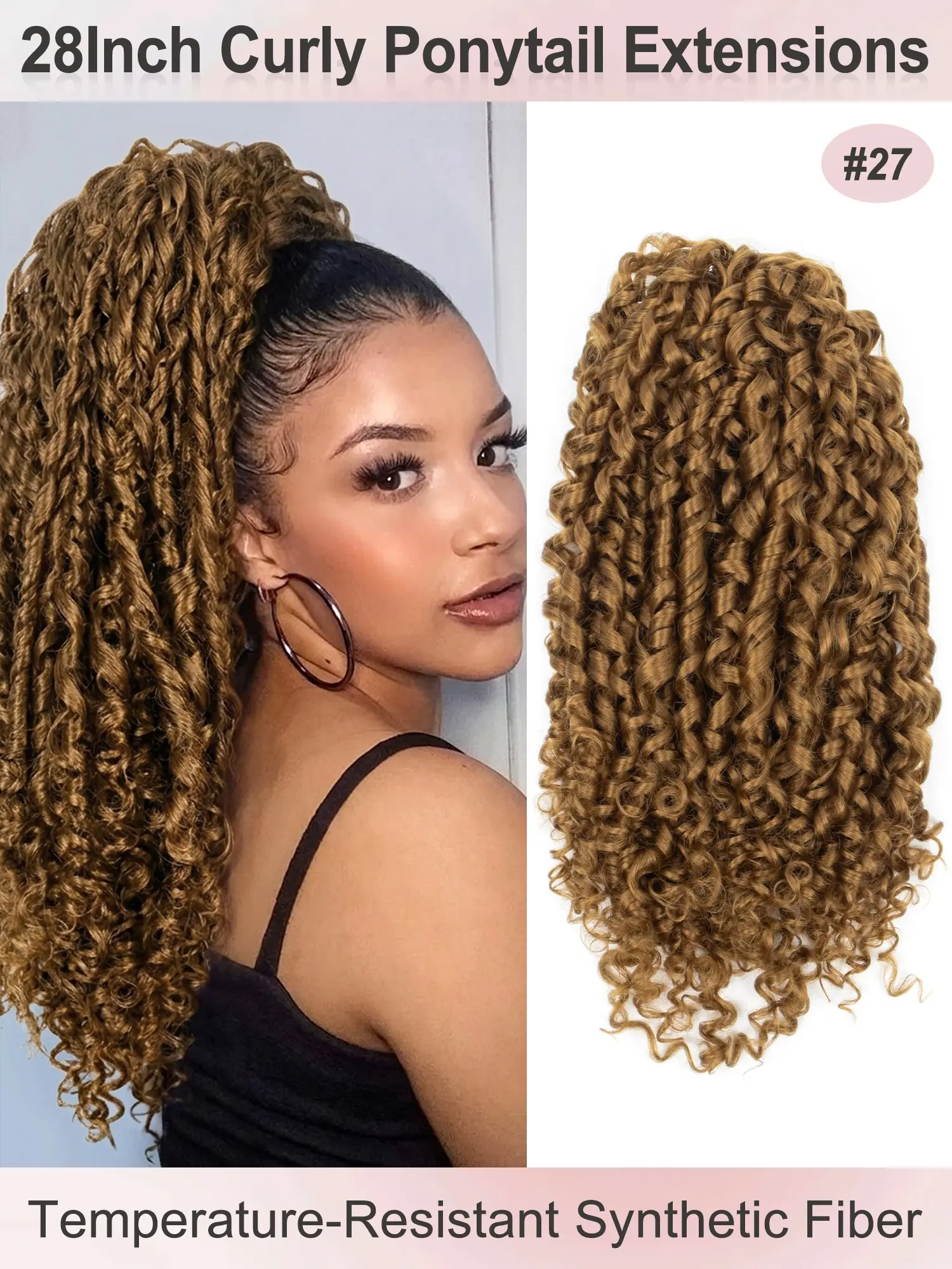 28inch Long Synthetic Ponytail Curly Wave Drawstring Ponytail Afro Curly Fluffy HairPieces Extension Heat Resistant Clip in Ponytail Wigs For Women Girl Daily Use Curly Wave Extensions Wavy Synthetic Hair Wavy Curly Ponytails