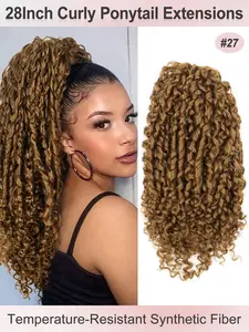28inch Long Synthetic Ponytail Curly Wave Drawstring Ponytail Afro Curly Fluffy HairPieces Extension Heat Resistant Clip in Ponytail Wigs For Women Girl Daily Use