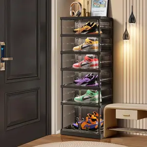6 Tier Foldable Shoe Rack for Closet Entryway 6-12 Pairs Stackable Clear Shoe Storage Boxes with  Shoes Shelf with Door Plastic Organizer Cabinet Easy Assembly Black