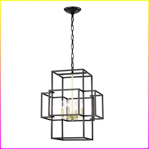 4-Light Metal Lantern Tiered Pendant Hanging Light Fixtures, Industrial Farmhouse Adjustable Height  Chandeliers for Dining Room Hallway Foyer Entryway--Matte Black & Gold (E12 Bulbs Not Included) (BULBS NOT INCLUDED)