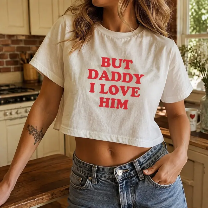 Women's Short-Sleeve Crewneck "But Daddy I Love Him" Front Slogan Bold Print Crop Top, Casual Clothes, Back to School Fall Holiday Gift