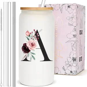 Personalized Customized Gifts for Women, Monogrammed Cute Glass Cup with Lid and Straw, Initial Iced Coffee Cup, Custom Letter Drinking Glasses Tumbler Mug, Christmas Birthday Gifts for Her Sister, A